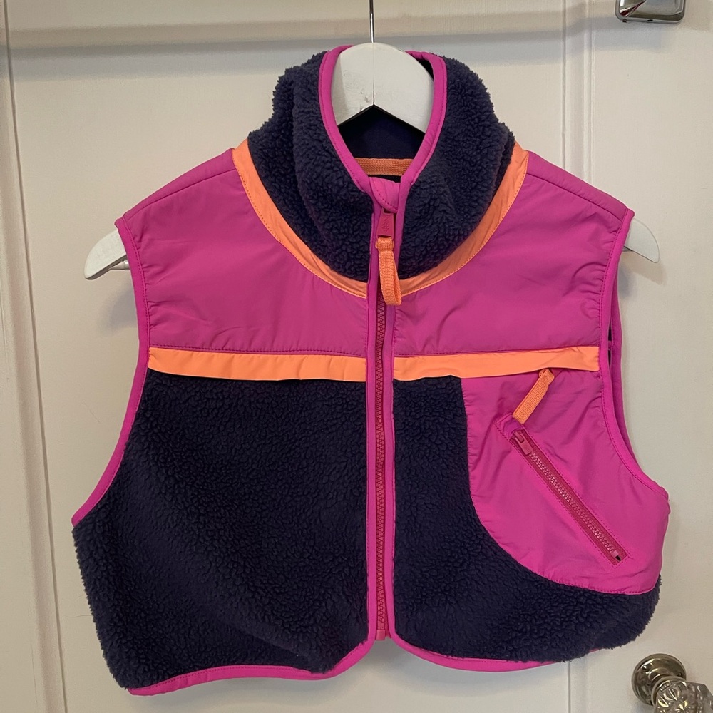 Free People Pink and Navy Fleece Hit the Slopes cropped Vest